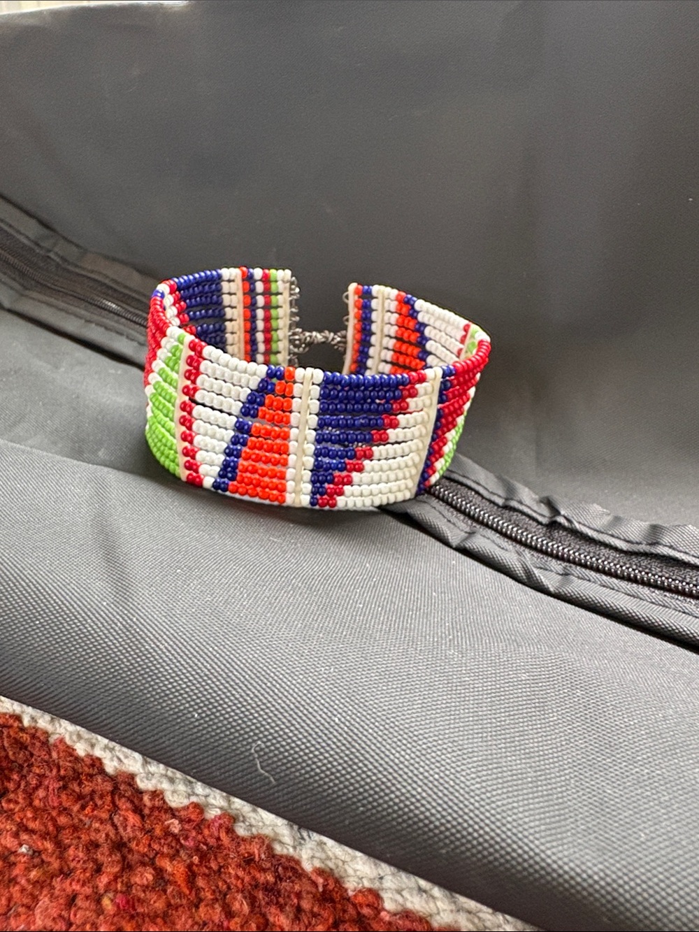 Hand-Beaded Multicolor Cuff Bracelet - White, Red, Blue, Green